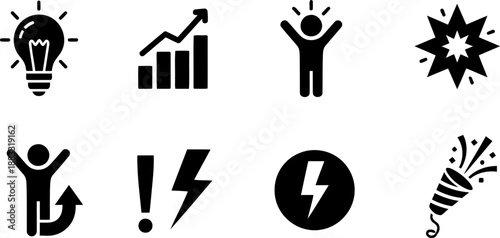 Success icons for National Blah Buster Month, black and white vector set