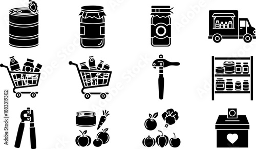 National Canned Food Month icons set with pantry and donation elements