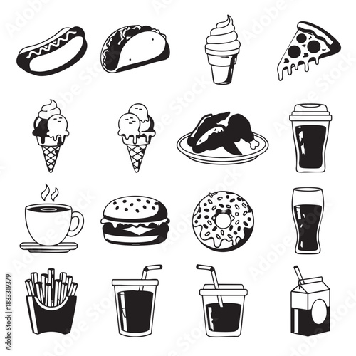 Black and white line of various food and drink including tacos, pizza, ice cream, coffee, and soda