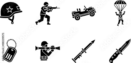 G. I. Joe Day vector icons: soldier, jeep, dog tags, and weapons