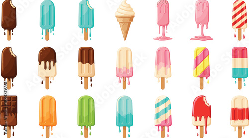 Colorful Ice Cream Popsicles and Frozen Desserts Collection with Chocolate Drips Flat Vector Illustration Set