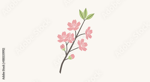 A delicate illustration of a blossoming cherry branch with pink flowers and green leaves against a pale background