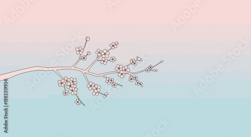 Delicate blooming branch against a soft pastel gradient background, symbolizing spring and renewal