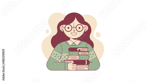 Smiling woman with glasses holding books, ready to read and learn.