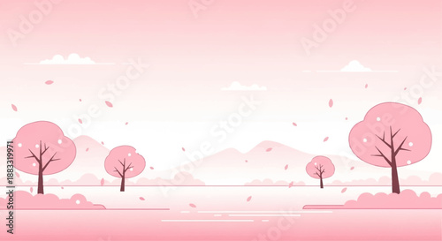 Serene springtime landscape illustration featuring delicate pink cherry blossom trees with falling petals, creating a tranquil and picturesque natural scene with mountains and water