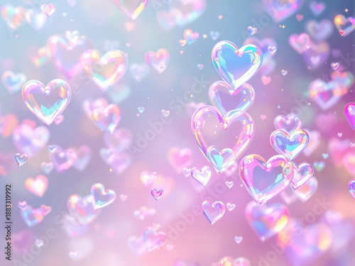 Bubble soap bubbles in a heart shape scattered in a soft-focus background.	
