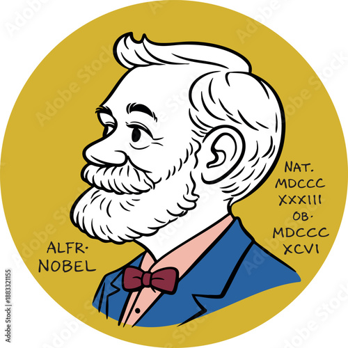 Εκτύπωση καμβά Stylized vintage cartoon drawn portrait of Alfred Nobel with Nobel medal letteri