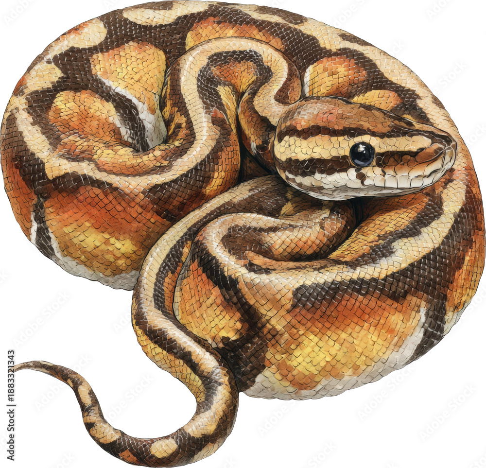 Fototapeta premium a curled ball python with intricate patterns and striking orange brown and yellow coloration