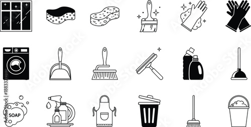 Cleaning service and housekeeping icon set featuring household tools, detergents, gloves, buckets, and hygiene equipment in black outline vector style