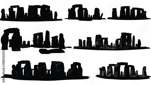 Stonehenge monument silhouettes in various orientations and configurations isolated on white background