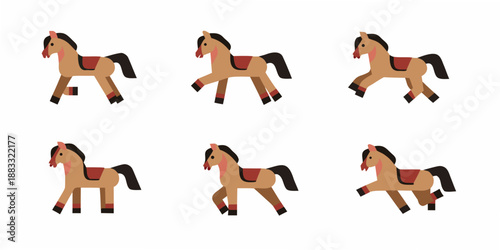six wooden toy horses in various poses against a white background