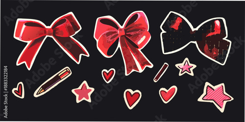 red bows stars hearts and decorative elements arranged on a black background