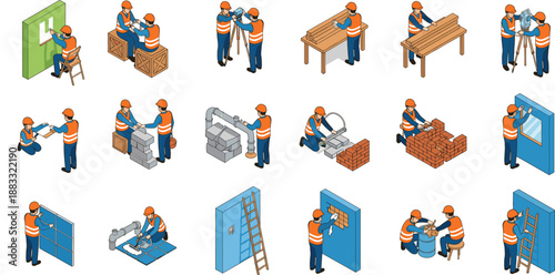 Construction Worker Isometric Vector Set Showing Builders Performing Installation, Repair, Assembly, and Maintenance Tasks for Industrial and Building Project Designs