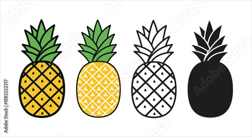 Four stylized pineapple illustrations in yellow, white, black and outlined styles