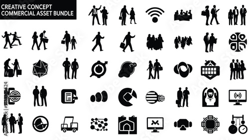 Black silhouette icons of business people and symbols isolated on white background
