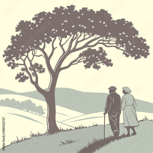 Elderly couple standing under tree in countryside old man