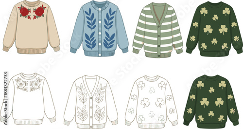 Cozy knitted sweater and cardigan set with floral embroidery, striped patterns, and seasonal winter clothing designs in vector style