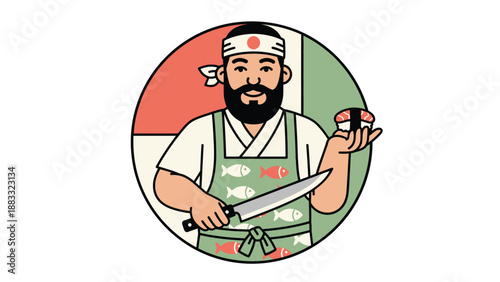 Sushi chef holding a knife and a piece of sushi, smiling at the viewer.