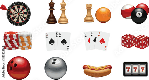 Casino and game icons set featuring darts, chess, billiards, poker cards, dice, slots, bowling, and gambling elements in vector style