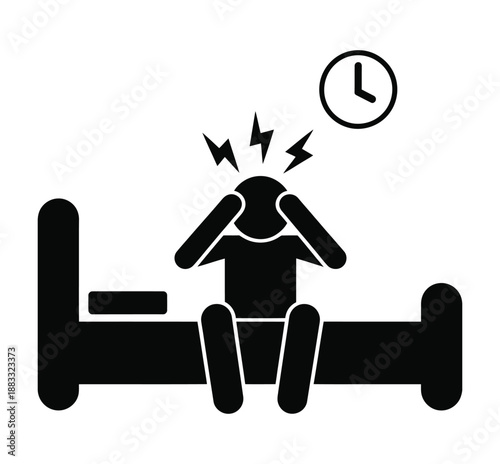 Sick person sitting on bed at night with clock showing late hour, feeling unwell, headache icon