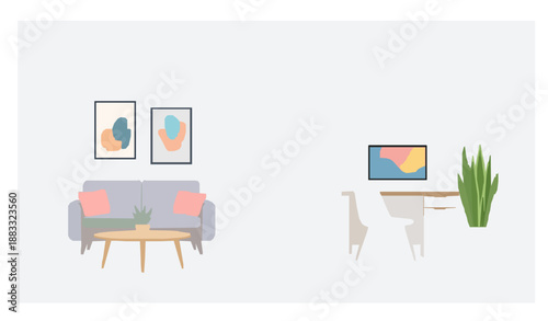 Modern living room with home office workspace flat vector illustration isolated on white background