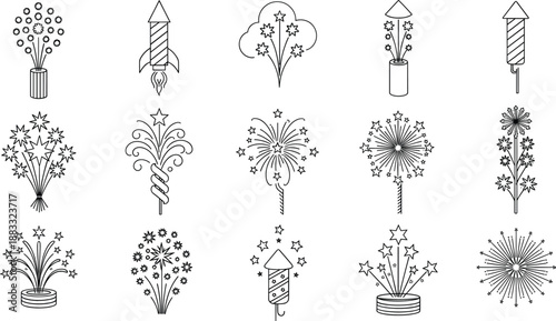 Fireworks and celebration outline vector icon set with rockets fountains sparklers and festive burst elements