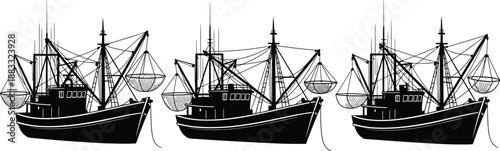 Fishing boat silhouettes, trawler ships illustration, maritime industry concept, commercial fishing vessels isolated on white background vector design stock image