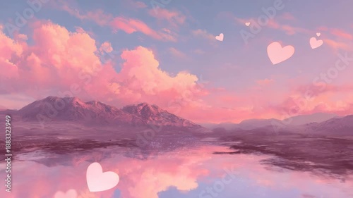 A beautiful evening landscape featuring a dramatic orange sunset over the mountains and lake with sunlight glowing through colorful clouds in the summer twilight sky