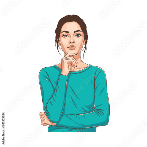 Thoughtful woman with hand on chin, contemplating a decision, looking directly at the viewer.