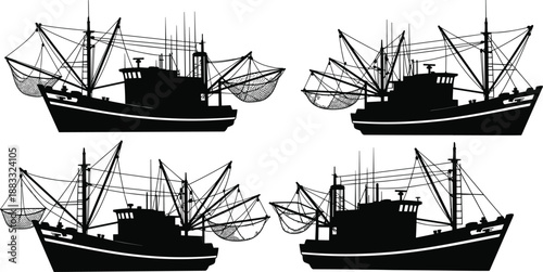 Fishing boat silhouettes, trawler ships, commercial fishing vessels, maritime industry, black vector illustration, isolated on white background design set collection