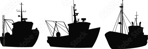 Fishing ship silhouettes, commercial trawlers set, maritime vessels collection, nautical industrial boats, ocean fishing fleet, black vector illustration, isolated design