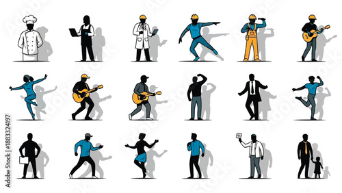 Flat illustration of various professionals in different poses and actions isolated on white background