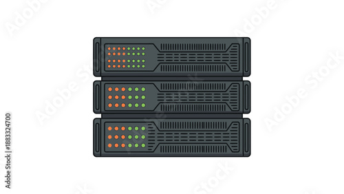 Three stacked black server units with colorful lights, a technological arrangement.
