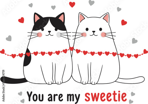 Cute romantic cats couple vector illustration with hearts and sweet love message in adorable kawaii cartoon style