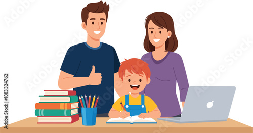 Parents Helping Child Study at Home Illustration Showing Family Education and Learning Support Flat Vector
