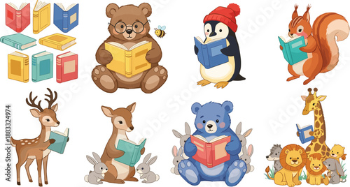 Cute Cartoon Animals Reading Books Illustration Set For Kids Education Learning And Storytime
