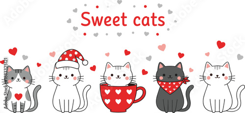 Cute sweet cats vector illustration set with hearts, cozy mugs, and adorable kawaii cartoon kitten characters