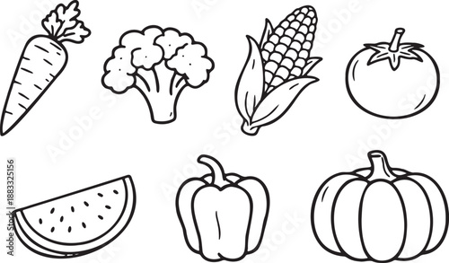 Collection of fresh vegetable doodles featuring carrot broccoli corn and pumpkin illustrations