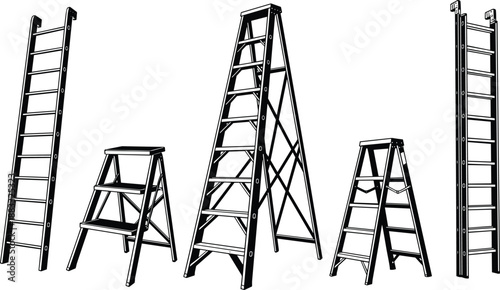 Ladder silhouettes, step ladders and extension ladders collection, construction tools set, black vector illustration isolated on white background design template