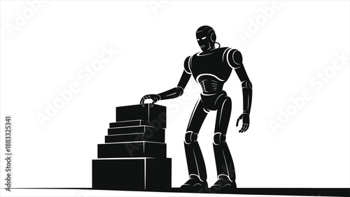 Robot stacking boxes silhouette vector. Artificial intelligence and automation concept for warehouse logistics, shipping industry, and futuristic supply chain management. Black and white cyborg 