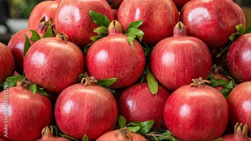 Fresh pomegranate display on rustic wooden table with closeup details