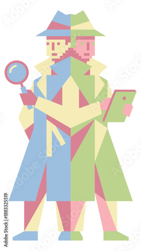 Two detectives stand side by side, one holding a magnifying glass, the other a tablet.