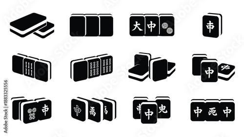 Black Mahjong tiles flat design icons set isolated on white background