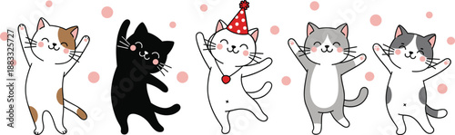 Cute dancing cats vector illustration set with playful cartoon kittens, party hat, joyful poses, and adorable kawaii style