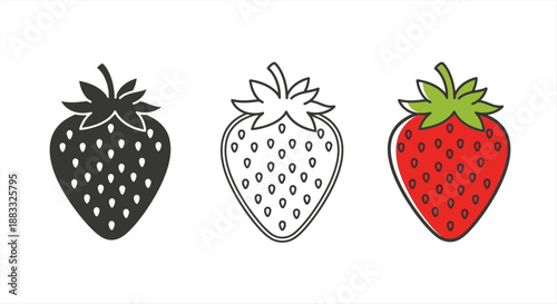 Vector Illustration Set of Fresh Strawberry Icons Outline, Solid, and Colorful Styles