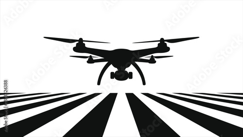 AI Drone in Agriculture Vector: Smart Farming Concept. Quadcopter silhouette flying over abstract striped field representing precision farming, crop monitoring, and agricultural technology data 