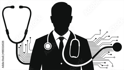 Artificial Intelligence in Healthcare Vector Illustration, Doctor with Stethoscope and Digital Circuit Lines, Medical Technology, AI Diagnosis, Smart Hospital, Health Data Analytics Icon