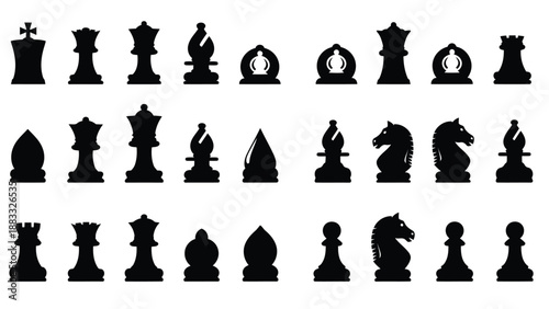 Black chess pieces silhouettes isolated on white background