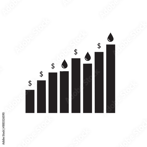 Black bar chart with dollar signs and droplet representing increasing values droplet increasing values