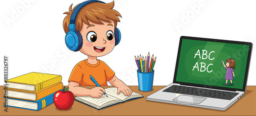 Online Learning Illustration of Happy Child Studying with Laptop, Headphones, and School Supplies Flat Vector